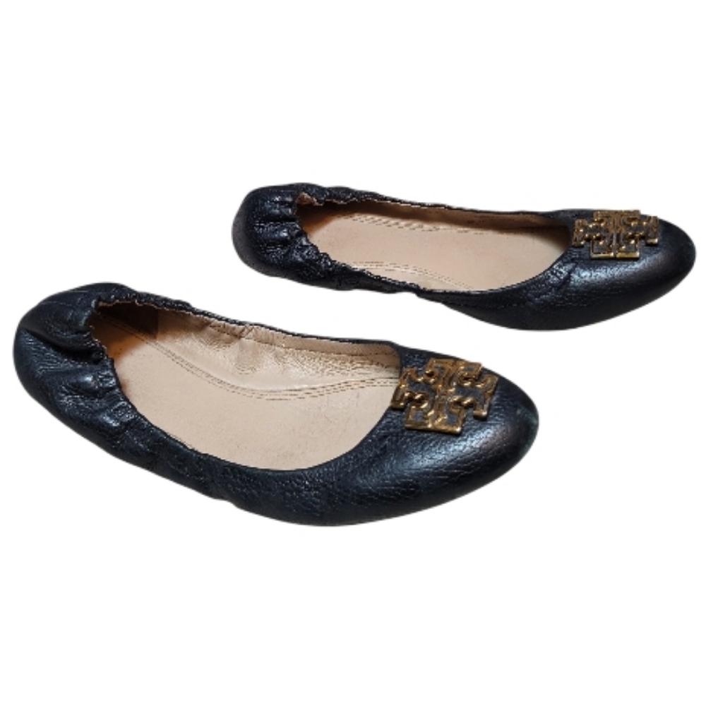 Tory Burch Black Melinda Leather Ballet Flats with Gold Accent - Size 9M - Picture 2 of 8